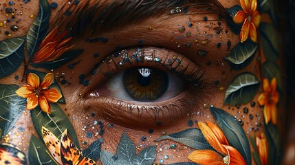 A closeup of a person eye artfully arranged with floral makeup a ornaments. 