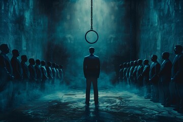 Man facing a hanging ring surrounded by figures - obrazy, fototapety, plakaty