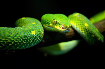 Fototapeta premium Closeup of the Green Snake Coiled on Its Branch, with Dark Background and Backlighting