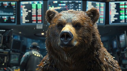 A grizzly bear positioned in a command center provides a striking metaphor for dominance and strategy in this high-definition image, fitting for themes of leadership or market strategy.
