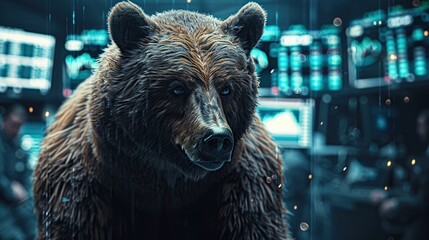 This high-definition image of a bear in a control room symbolizes power and control, making it ideal for financial or market-related themes and metaphors.