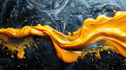 A luxurious swirl of golden liquid against a textured black background evokes a sense of opulence...