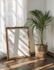 Bamboo Planter with a Framed Mirror and a Potted Palm Generative AI