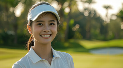 A smiling woman with a visor on a bright golf course.