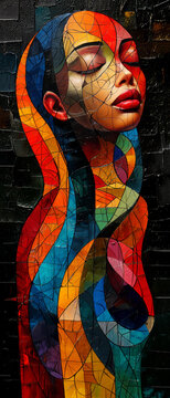 Beautiful girl in stained glass window. Multicolored background.