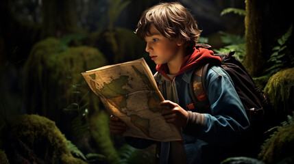 A young lost hiker attractive boy holding a map while exploring evergreen rain forest, Travel and adventure concept