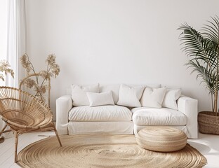 Boho-Chic Living Room White Couch, Rattan Chair, and Bamboo Decor Generative AI