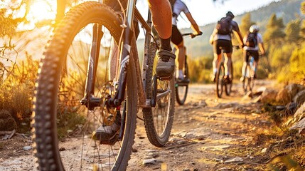Mountain bikers on a forest trail in the light of the setting sun. - obrazy, fototapety, plakaty