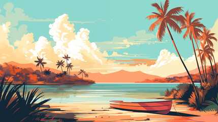 Serene Tropical Beach Scene Illustration - obrazy, fototapety, plakaty