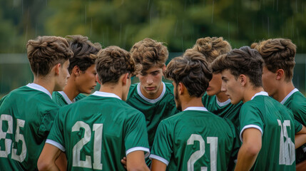 Soccer team in green jerseys strategizing under rain.
