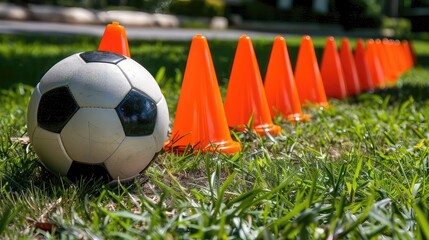 Soccer ball in front of orange training cones on a green field. - obrazy, fototapety, plakaty