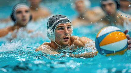 Focused water polo player in a grey cap aiming with the ball in the pool.