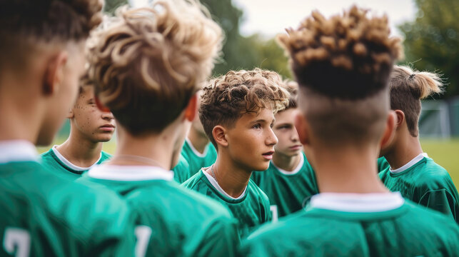 Focused soccer team in huddle with one player looking away.