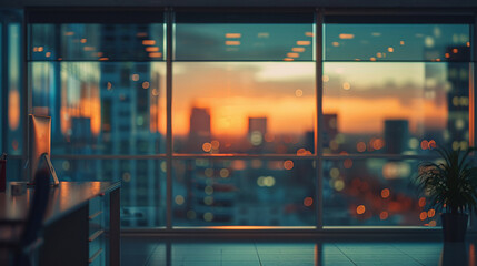 Abstract background of an office at twilight, lights dimmed, windows showcasing the cityscape in soft focus