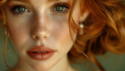 Close up photo of  beautiful young woman and light chestnut hair, green sparkliтg eyes with long lashes, full lips  - obrazy, fototapety, plakaty