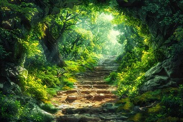 Obraz premium Enchanted Forest Path with Sunbeams Filtering Through Lush Foliage in a Mystical Green Woodland Scenery