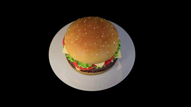 3D render. A burger on a plate rotates 360 degrees on a black background.