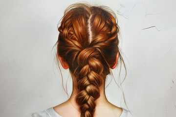 Close-up photo of a woman's intricate French braid hairstyle against a neutral background. Back view. - obrazy, fototapety, plakaty