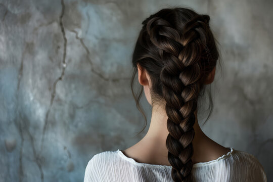 Back view of a woman's intricate French braid against a textured backdrop. Back view.