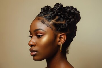 Side profile of a woman showcasing a sophisticated braided crown hairstyle - obrazy, fototapety, plakaty