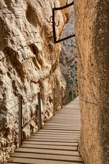 Caminito del Ray, The King's Path. Walkway pinned along the steep walls of a narrow gorge in El...