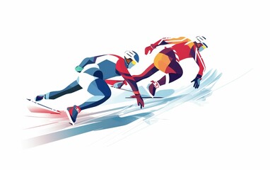 Wide angle view of speed skaters running towards the finish line. high energy. illustration. White background 