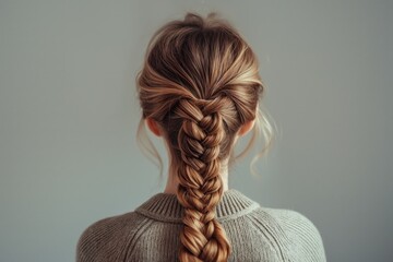 Detailed and sophisticated brunette fishtail braid hairstyle for women with intricate craftsmanship and elegant beauty viewed from the rear - obrazy, fototapety, plakaty