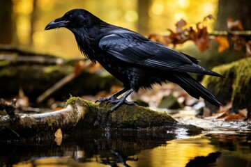 Obraz premium Invigorating Raven bird water bath. Street bird animal. Generate Ai