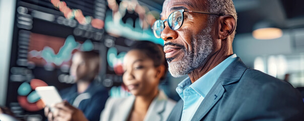 Focused businessman in glasses analyzing data on screens. Office setting with coworkers in the background, depth of field effect