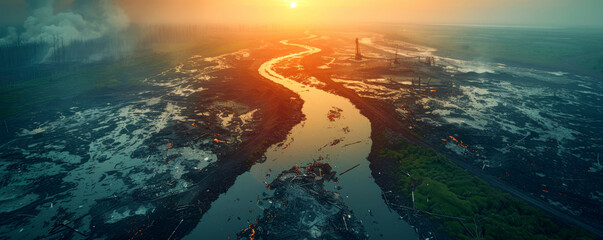Sunrise over a devastated landscape, river reflecting the light amidst pollution and destruction. Environmental disaster theme