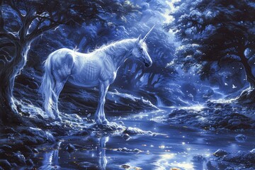 Fototapeta premium Enchanted White Unicorn Glowing in Moonlight in Mystical Forest at Night Magical Fantasy Scene