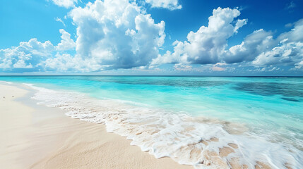 Fototapeta na wymiar Beautiful sandy beach, white sand, calm turquoise waves, sunny day, white clouds in blue sky, Maldives island, colorful perfect panoramic natural landscape