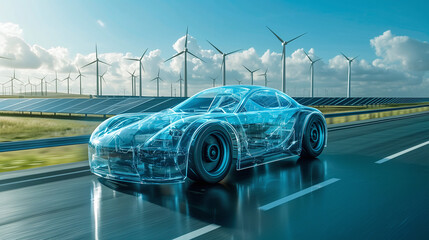  Transparent electric sports car on the highway with solar panels and wind turbines