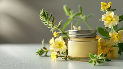 Fototapeta na wymiar A petite transparent jar comprising mullein yellow blooms over a white backdrop holds mullein herbal medicine and space, Generative AI.