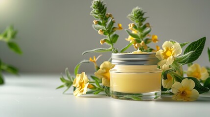 Fototapeta na wymiar A petite transparent jar comprising mullein yellow blooms over a white backdrop holds mullein herbal medicine and space, Generative AI.