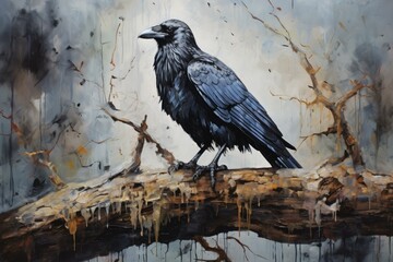 Solitary Raven on old stump. Nature avian fly beak forest. Generate Ai - obrazy, fototapety, plakaty