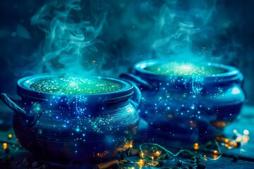 Mystical Steaming Cauldrons with Sparkling Blue Potion and Magical Atmosphere for Fantasy Concepts