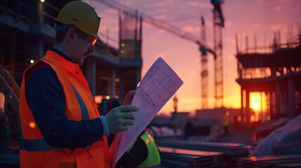 Engineers at twilight, navigating a construction site's blueprints amid dim lighting. - obrazy, fototapety, plakaty