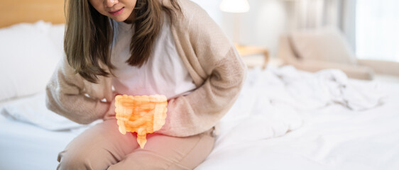 Woman sick unhappy holding belly stomach with suffering from stomach ache pain, monthly period,...