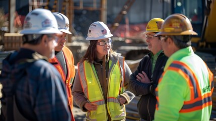 Engineers, construction workers, and managers gather outdoors at a building site. They discuss plans, architecture, and safety for a new construction project, with a focus on diversity and inclusion.