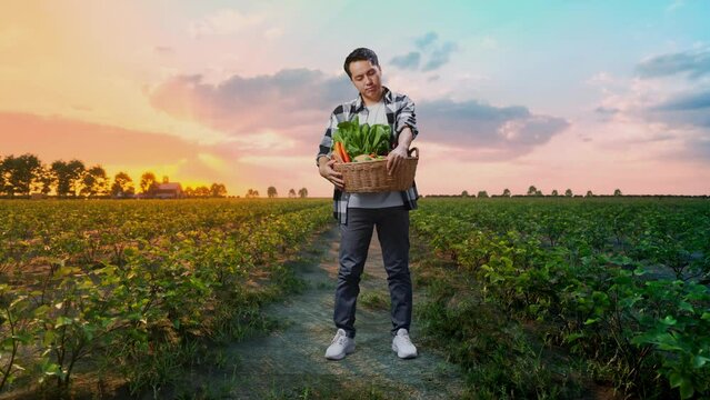 Full Body Of Tired Asian Male Farmer With Vegetable Basket While Standing In Field