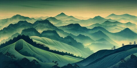 Fototapeta na wymiar Mountainous Landscape with a Foggy Mist Generative AI