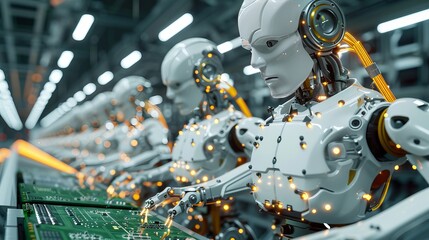 High-tech robots in a modern electronics factory assemble circuit boards with precision on an automated assembly line.