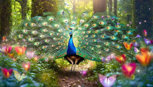 a beautiful peacock with feathers in full display high resolution beautiful forest with green leafy trees and white and red heart shaped flowers and yellow butterflies with bioluminescence AI Generate