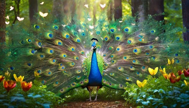 a beautiful peacock with feathers in full display high resolution beautiful forest with green leafy trees and white and red heart shaped flowers and yellow butterflies with bioluminescence AI Generate