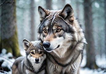 A female wolf with her young cub in snow covered forest. - 772220583
