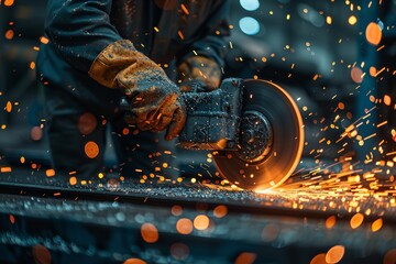 A producing worker is sharpening a metal plate while sparks fly while putting on safety gloves in in-depth and space, Generative AI. - obrazy, fototapety, plakaty