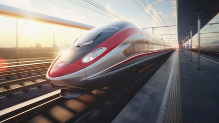 Modern high-speed train on a sunset backdrop - A sleek, modern high-speed train races along the tracks, beautifully illuminated by the warm glow of a setting sun, conveying a sense of progress and inn - obrazy, fototapety, plakaty