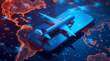 Airplane taking off from digital smartphone - A conceptual image illustrating modern travel and technology with a plane lifting off from a phone on a digital map - obrazy, fototapety, plakaty