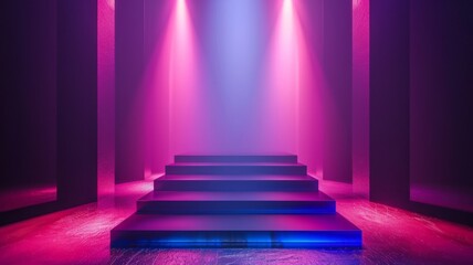 Illuminated pink steps leading to an invisible platform - Mysterious pink and purple lighting creating a path of steps leading toward an enigmatic destination or revelation - obrazy, fototapety, plakaty